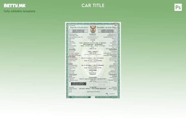 Модерен стил на шаблон за потврда за регистрација на моторно возило во Јужна Афр